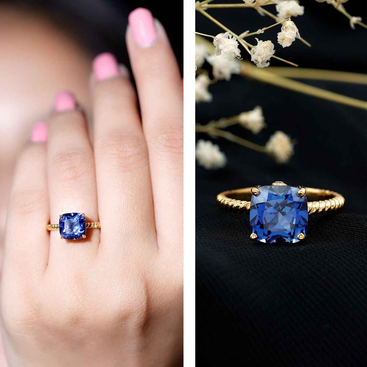 Lab Created Blue Sapphire Ring, 2.75 Carat Cushion Cut Solitaire