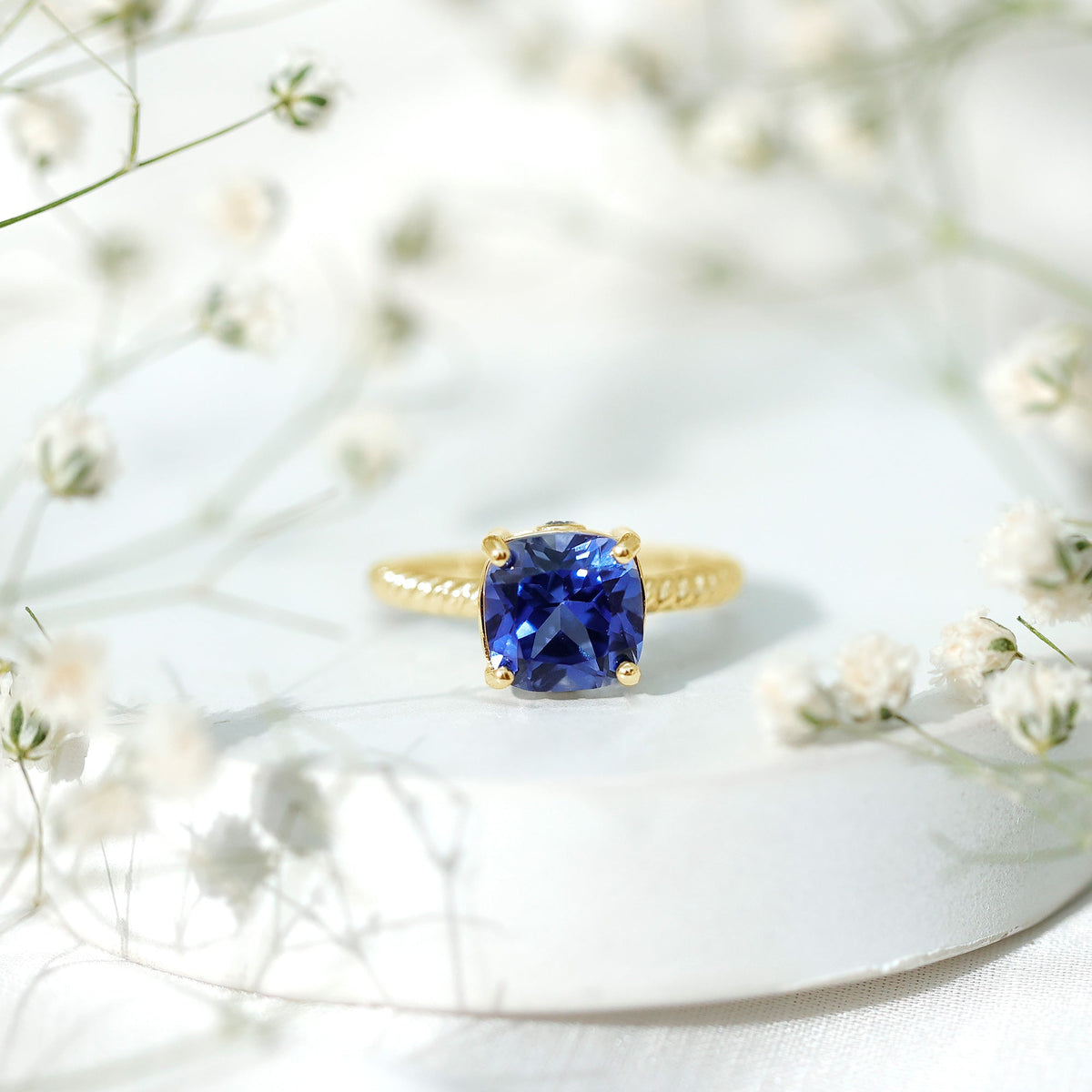 Lab Created Blue Sapphire Ring, 2.75 Carat Cushion Cut Solitaire