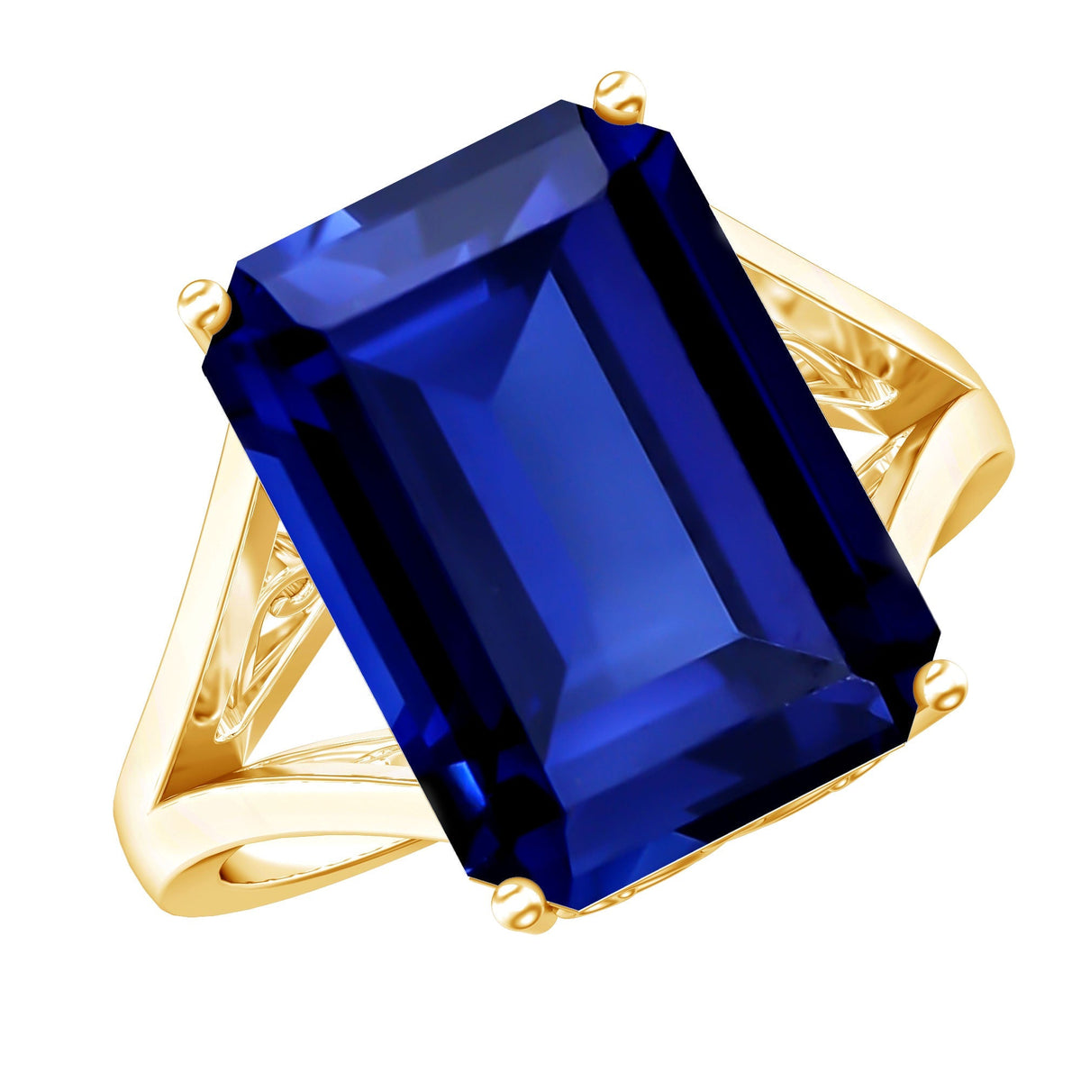 Lab Created Blue Sapphire Ring, 9 Carat Emerald Cut Solitaire