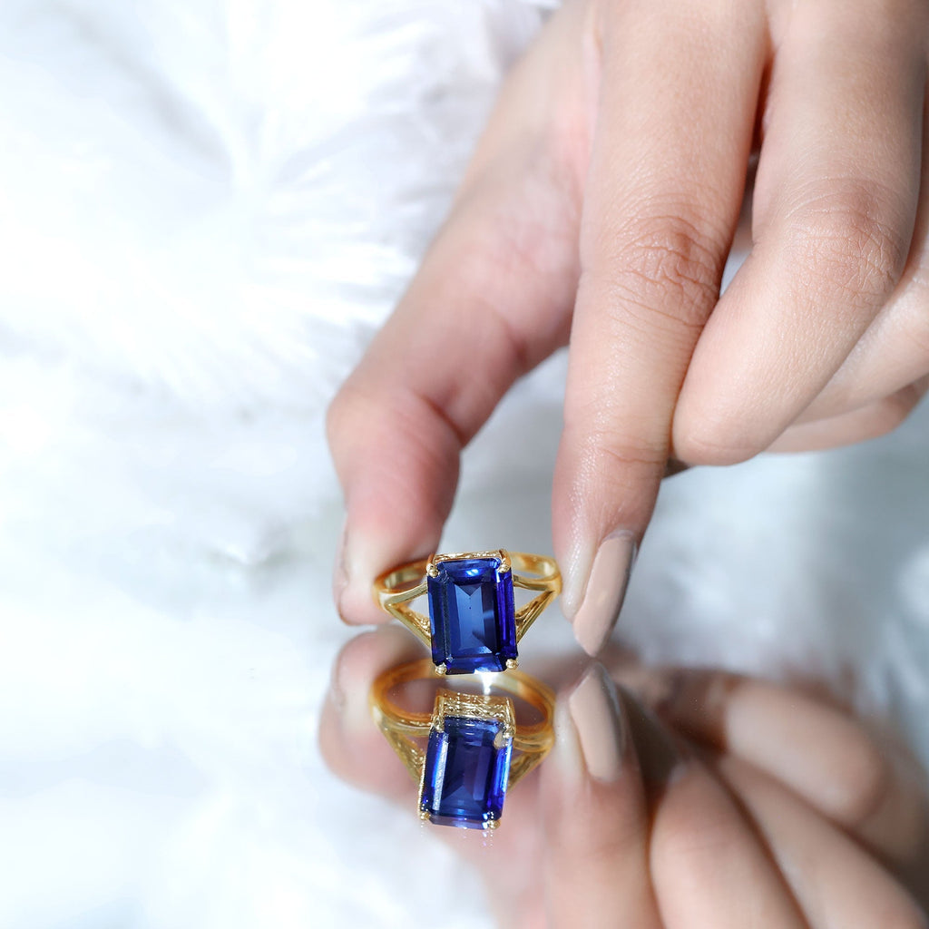Lab Created Blue Sapphire Ring, 9 Carat Emerald Cut Solitaire