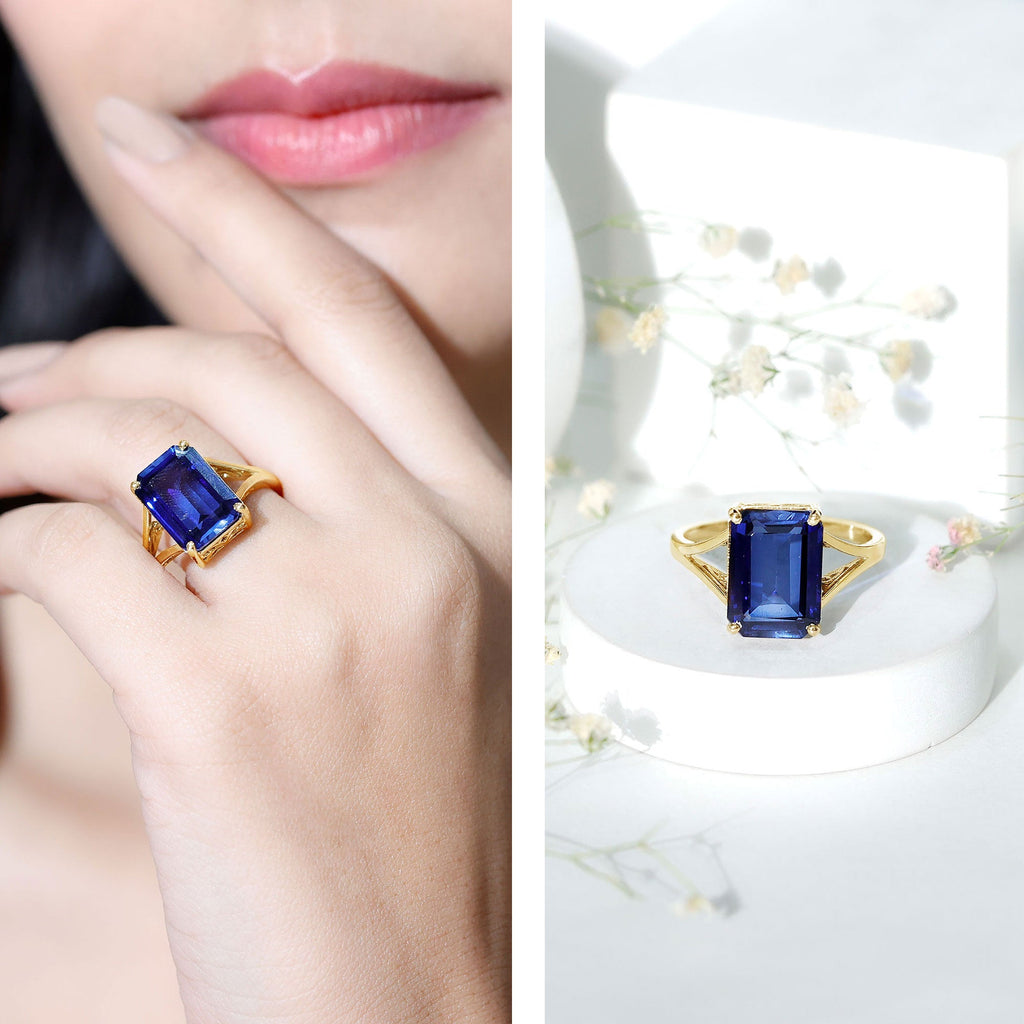 Lab Created Blue Sapphire Ring, 9 Carat Emerald Cut Solitaire