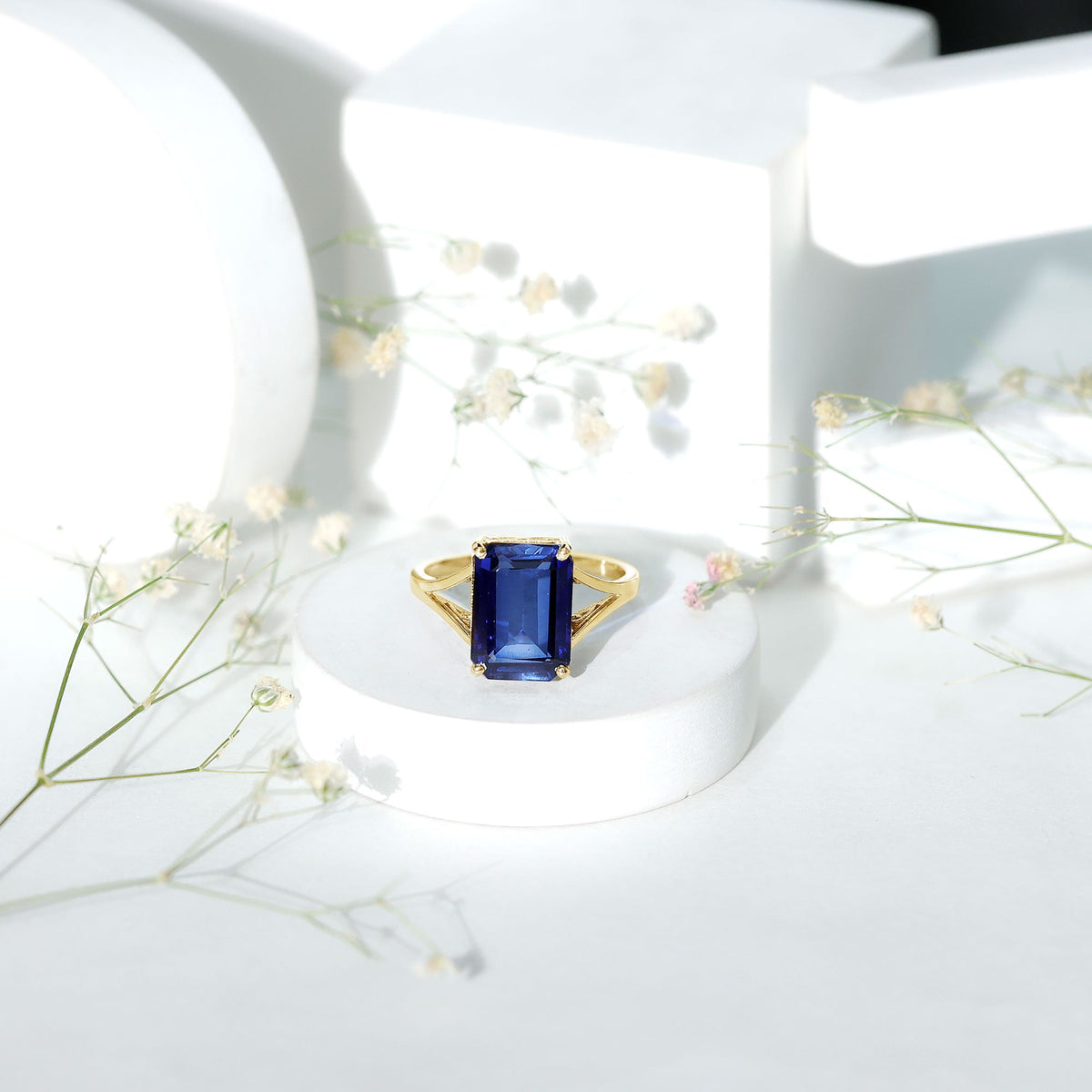 Lab Created Blue Sapphire Ring, 9 Carat Emerald Cut Solitaire