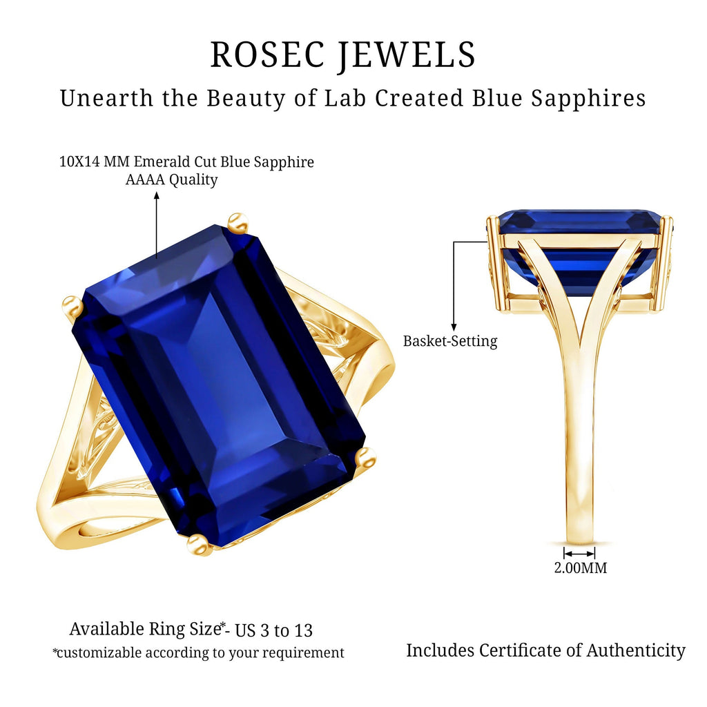 Lab Created Blue Sapphire Ring, 9 Carat Emerald Cut Solitaire