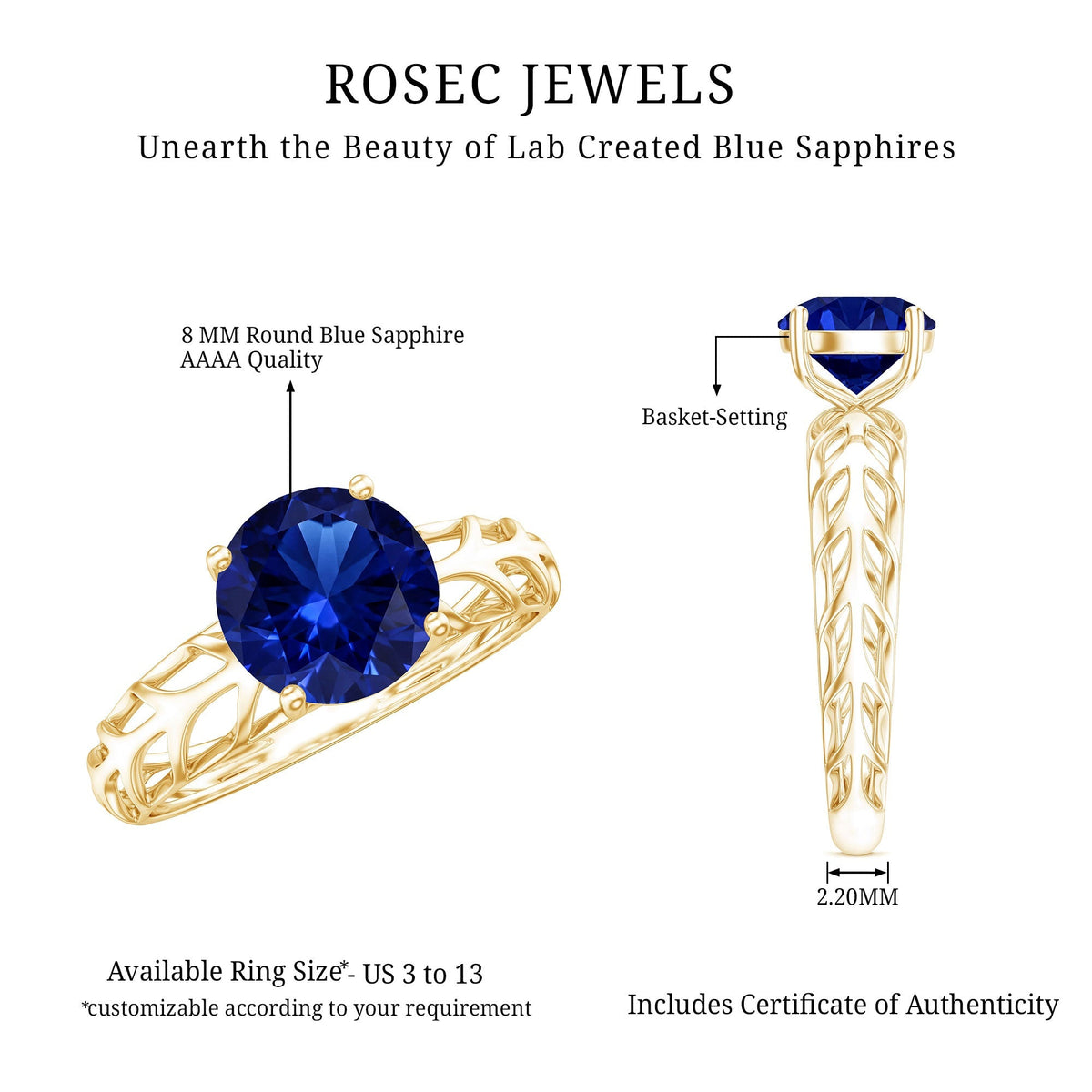 Lab Created Blue Sapphire Ring, AAAA Solitaire Filigree Shank