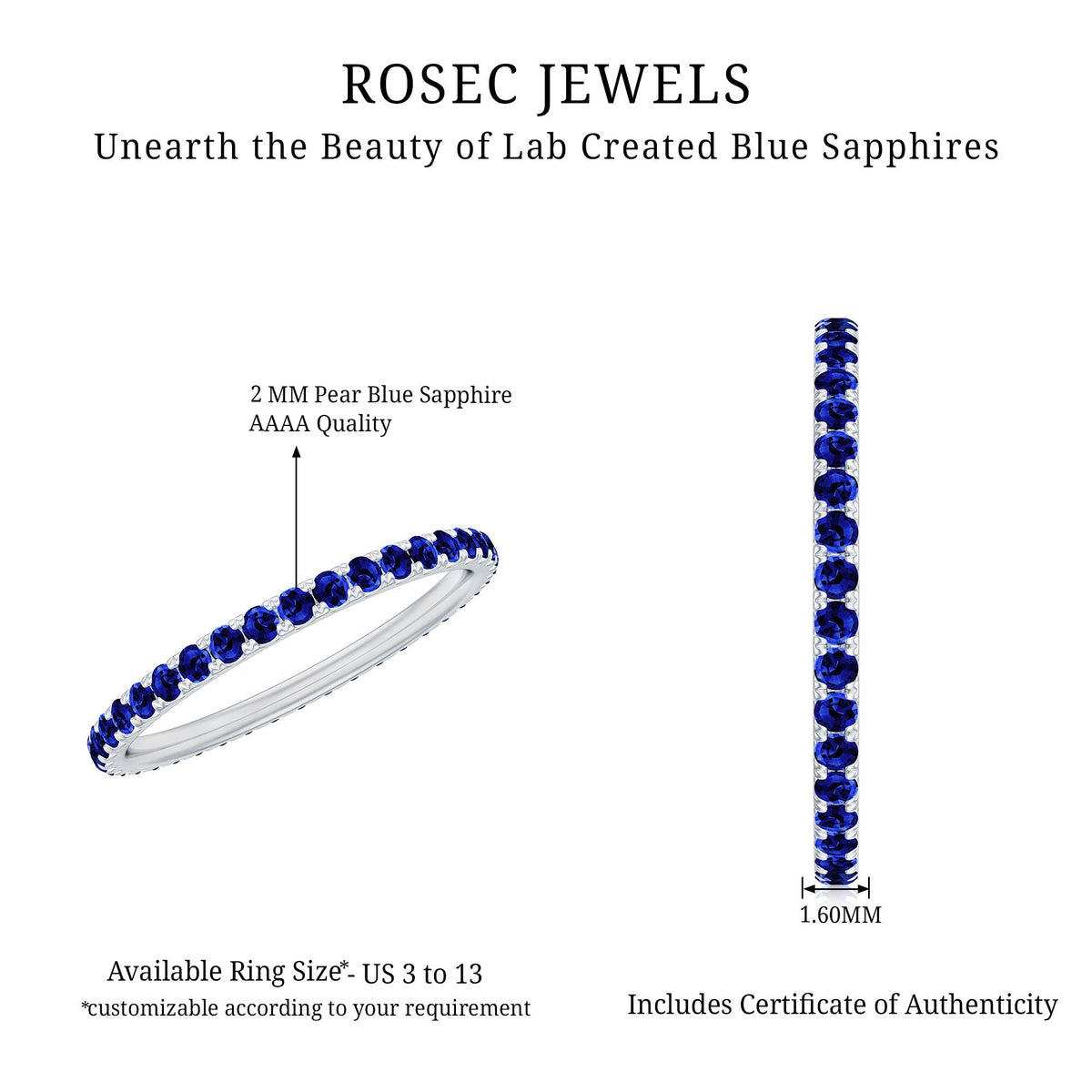 Lab Created Blue Sapphire Ring Full Eternity Stackable Band Women