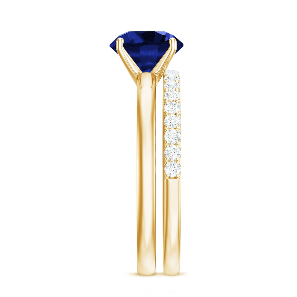 Lab Created Blue Sapphire Ring Wedding Set With Diamond Band