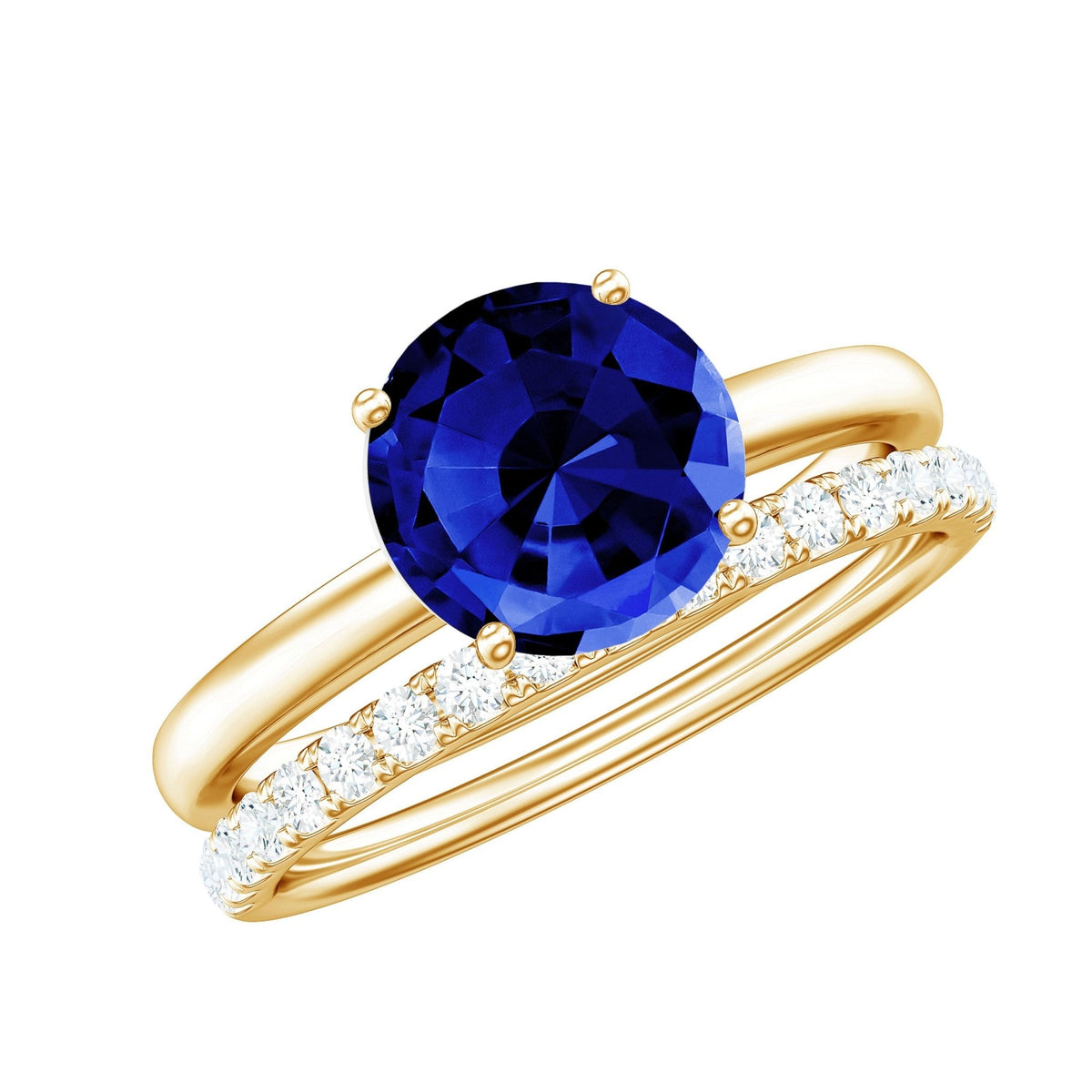 Lab Created Blue Sapphire Ring Wedding Set With Diamond Band