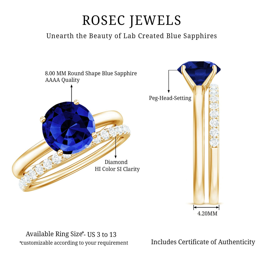 Lab Created Blue Sapphire Ring Wedding Set With Diamond Band