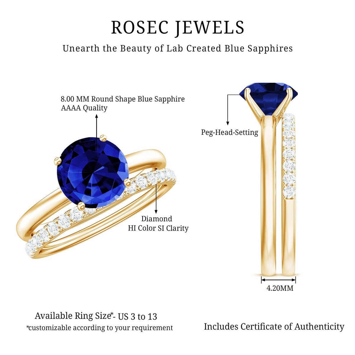 Lab Created Blue Sapphire Ring Wedding Set With Diamond Band