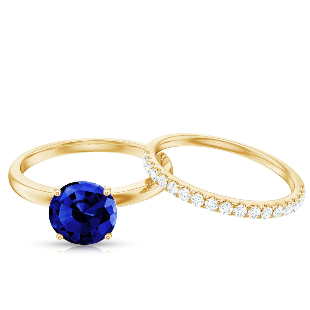 Lab Created Blue Sapphire Ring Wedding Set With Diamond Band