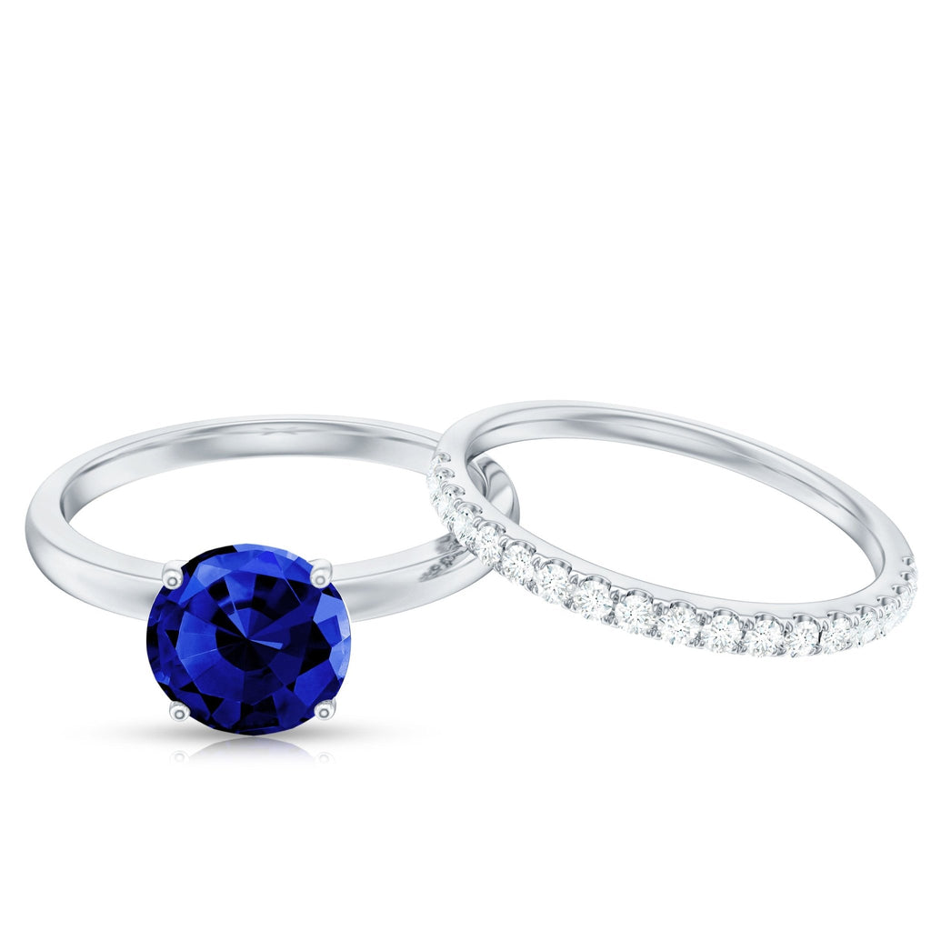 Lab Created Blue Sapphire Ring Wedding Set With Diamond Band