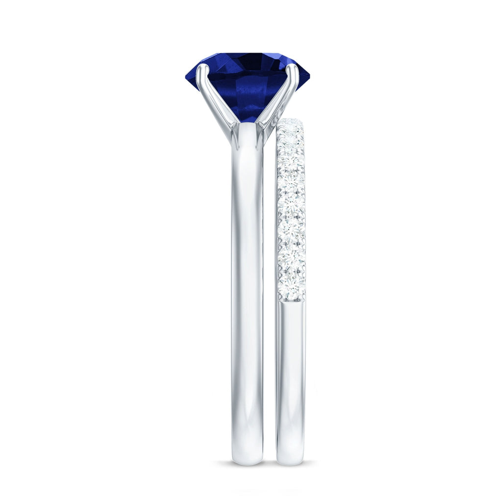 Lab Created Blue Sapphire Ring Wedding Set With Diamond Band