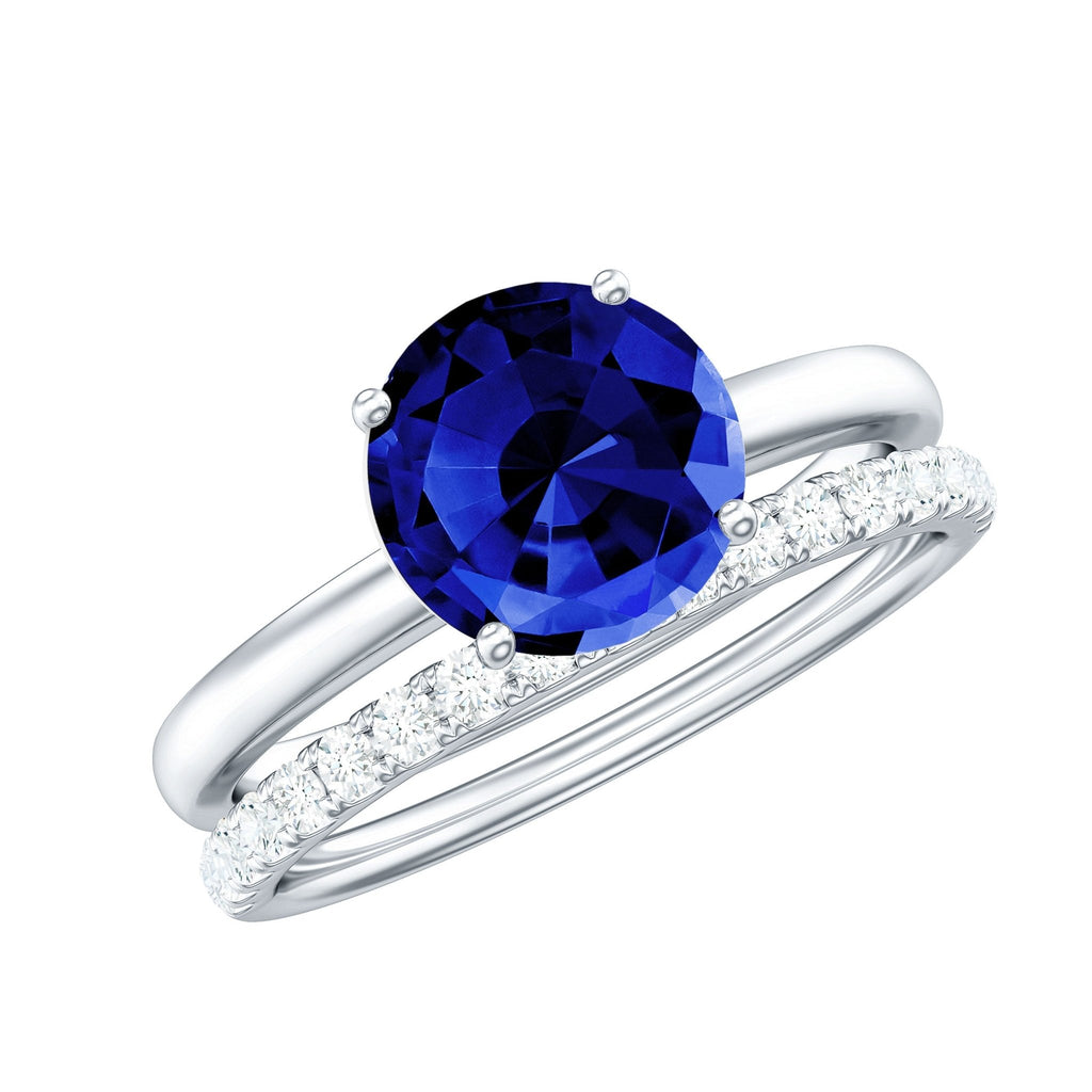 Lab Created Blue Sapphire Ring Wedding Set With Diamond Band