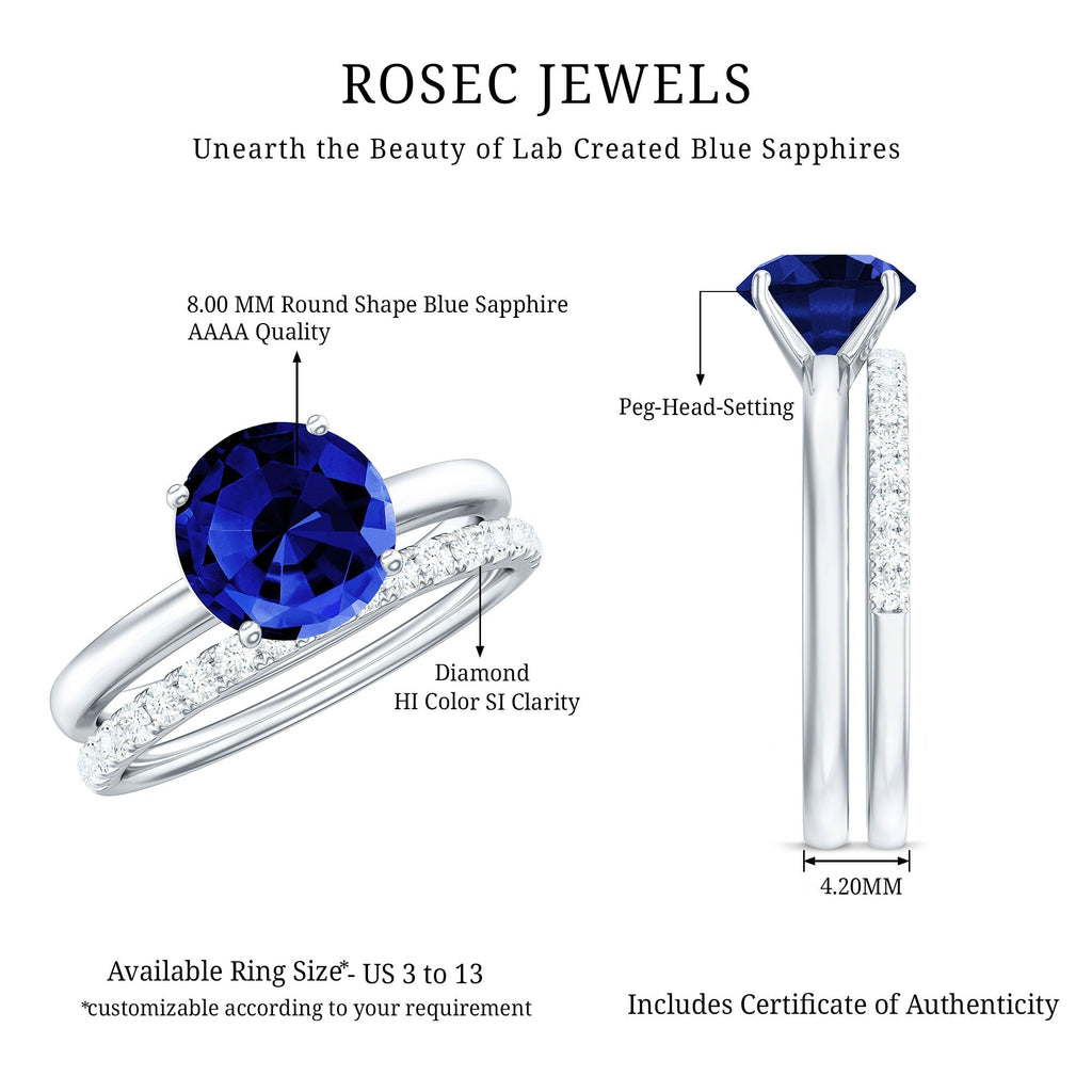 Lab Created Blue Sapphire Ring Wedding Set With Diamond Band