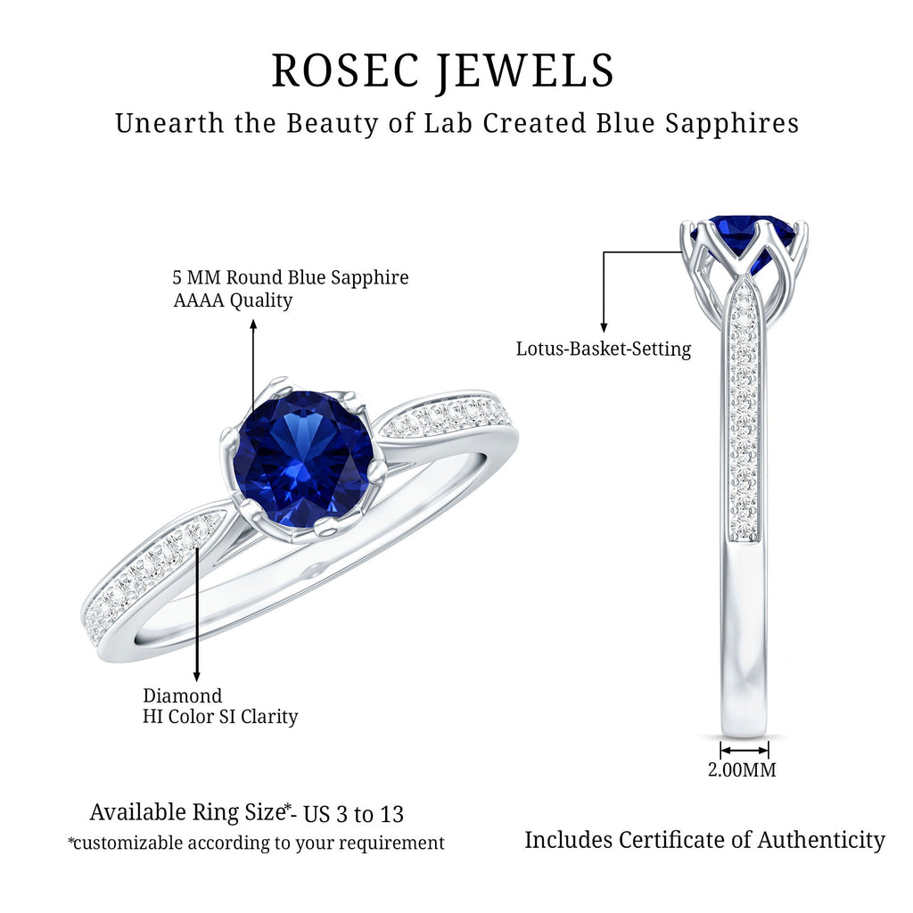 Lab Created Blue Sapphire Ring With Diamond Side Stones