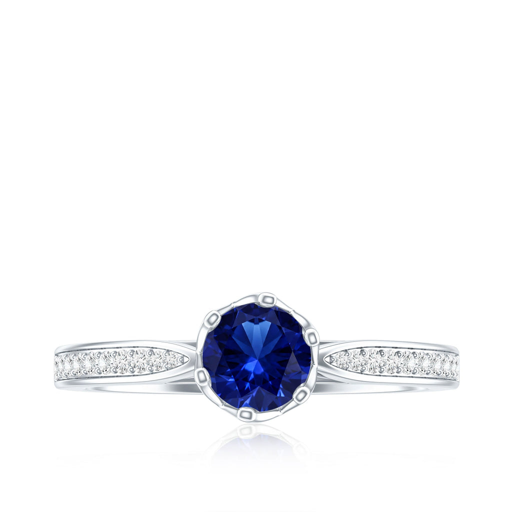 Lab Created Blue Sapphire Ring With Diamond Side Stones