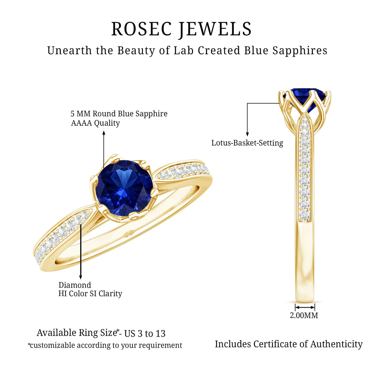 Lab Created Blue Sapphire Ring With Diamond Side Stones