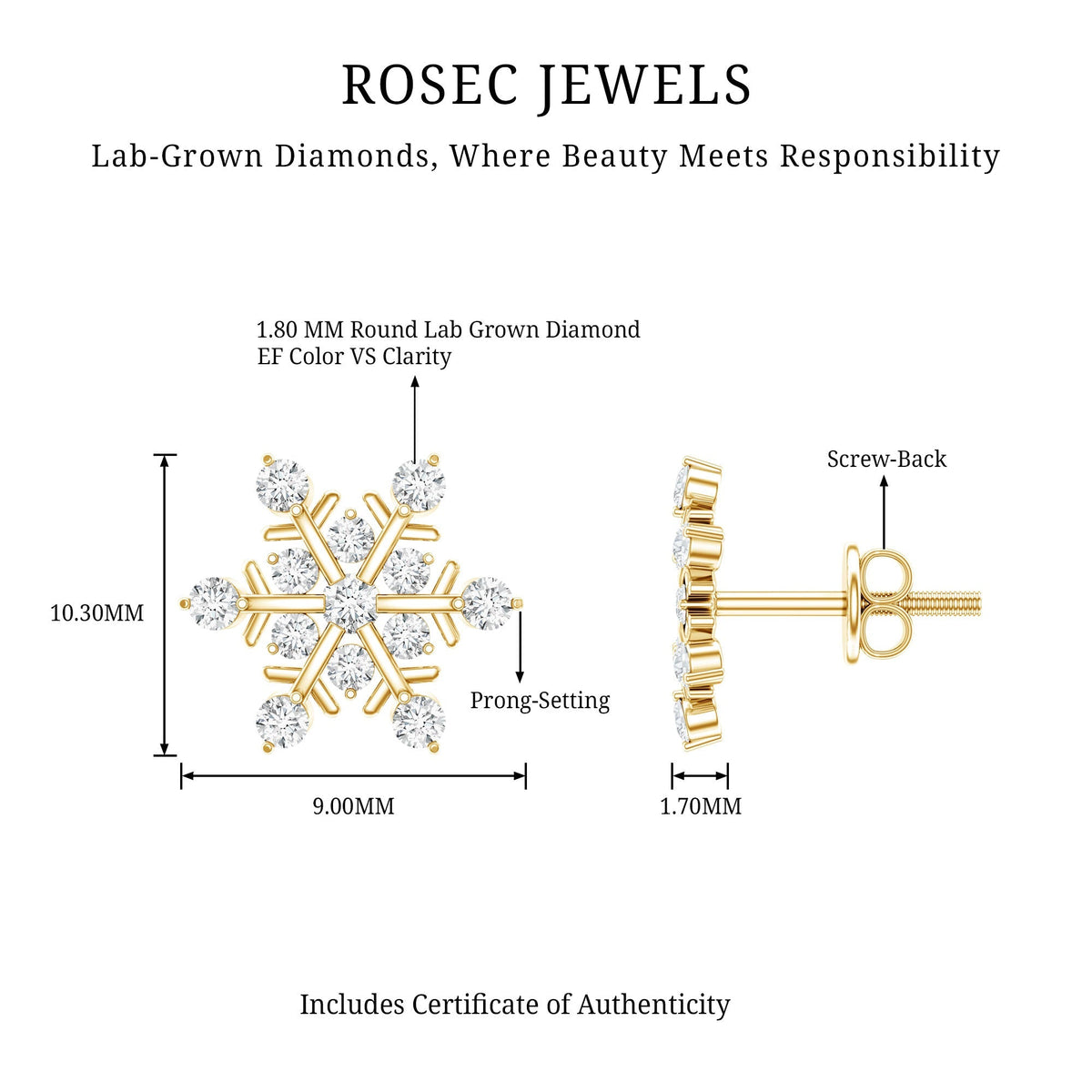 Lab Created Diamond Earrings – Snowflake Stud Earrings With Secure Screw Back Design