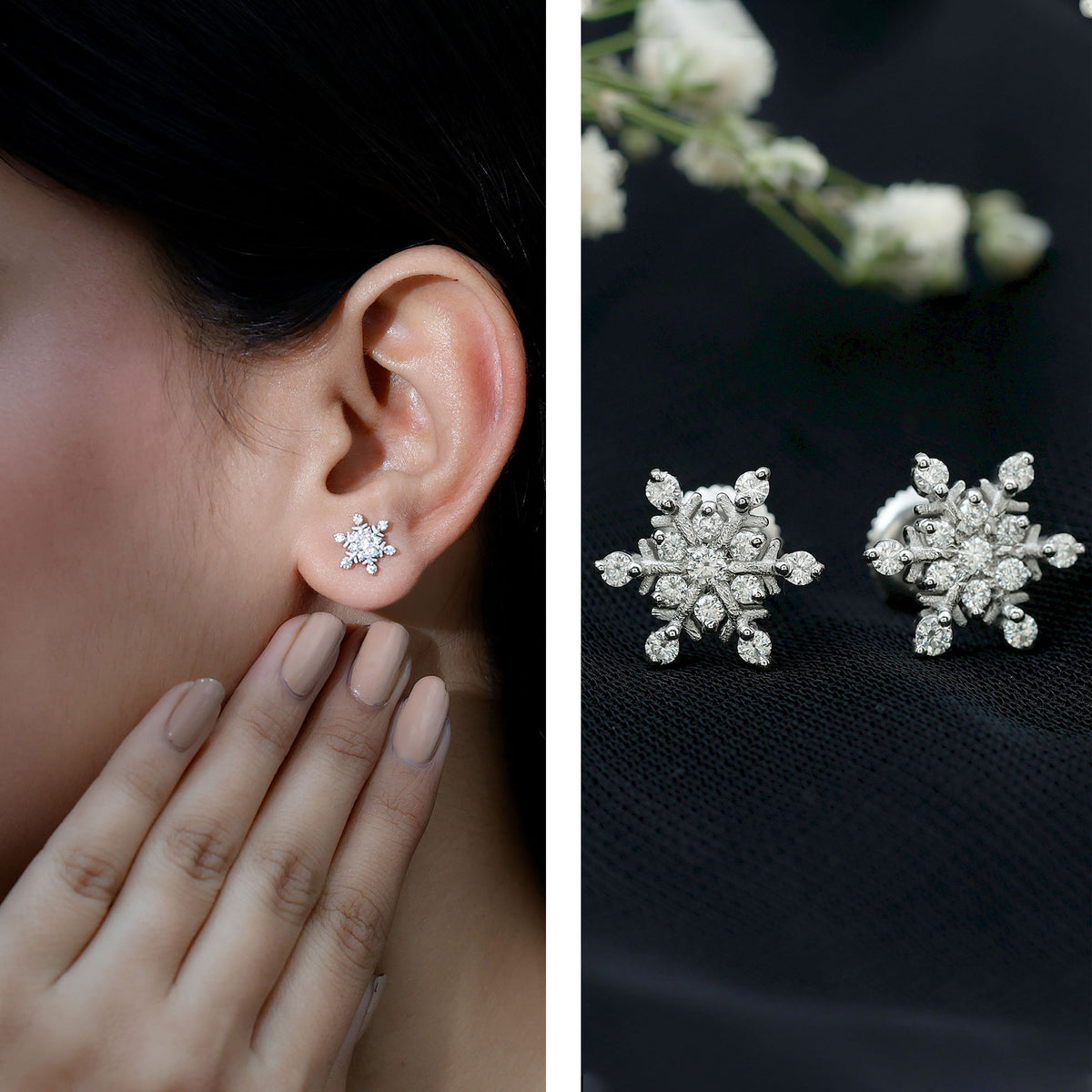 Lab Created Diamond Earrings – Snowflake Stud Earrings With Secure Screw Back Design