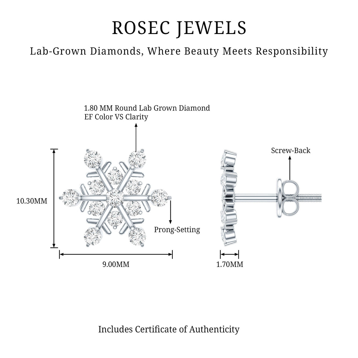 Lab Created Diamond Earrings – Snowflake Stud Earrings With Secure Screw Back Design