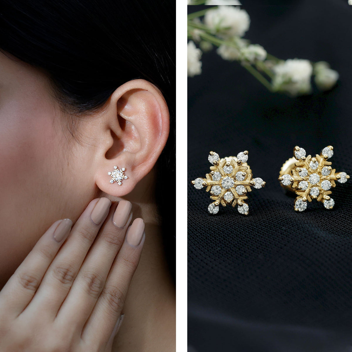 Lab Created Diamond Earrings – Snowflake Stud Earrings With Secure Screw Back Design