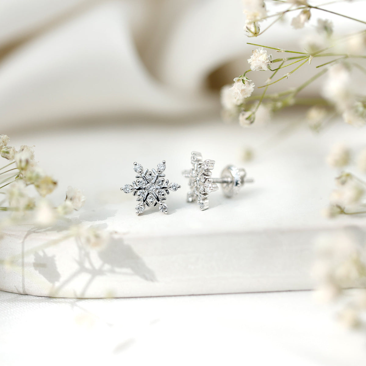 Lab Created Diamond Earrings – Snowflake Stud Earrings With Secure Screw Back Design