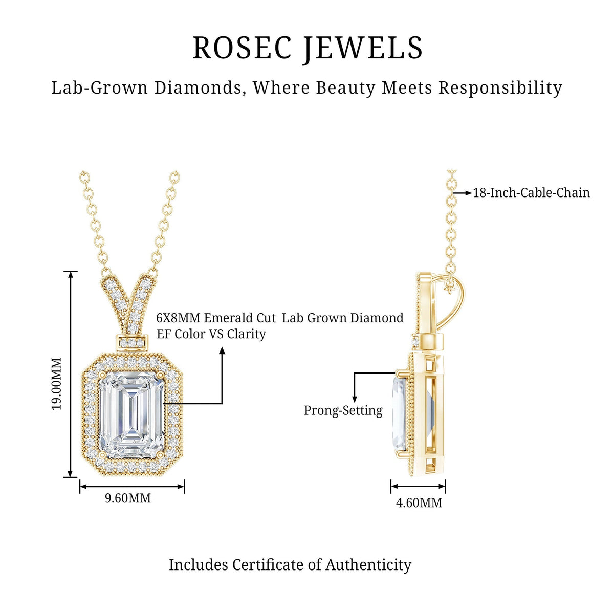 Lab Created Diamond Necklace – 1.8 Ct Emerald Cut Halo Pendant | Durable Fine Jewelry