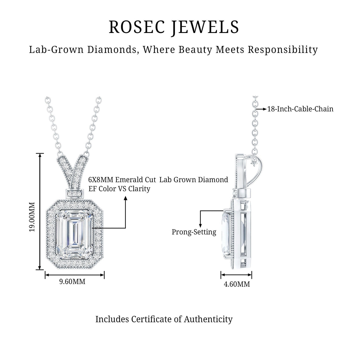 Lab Created Diamond Necklace – 1.8 Ct Emerald Cut Halo Pendant | Durable Fine Jewelry