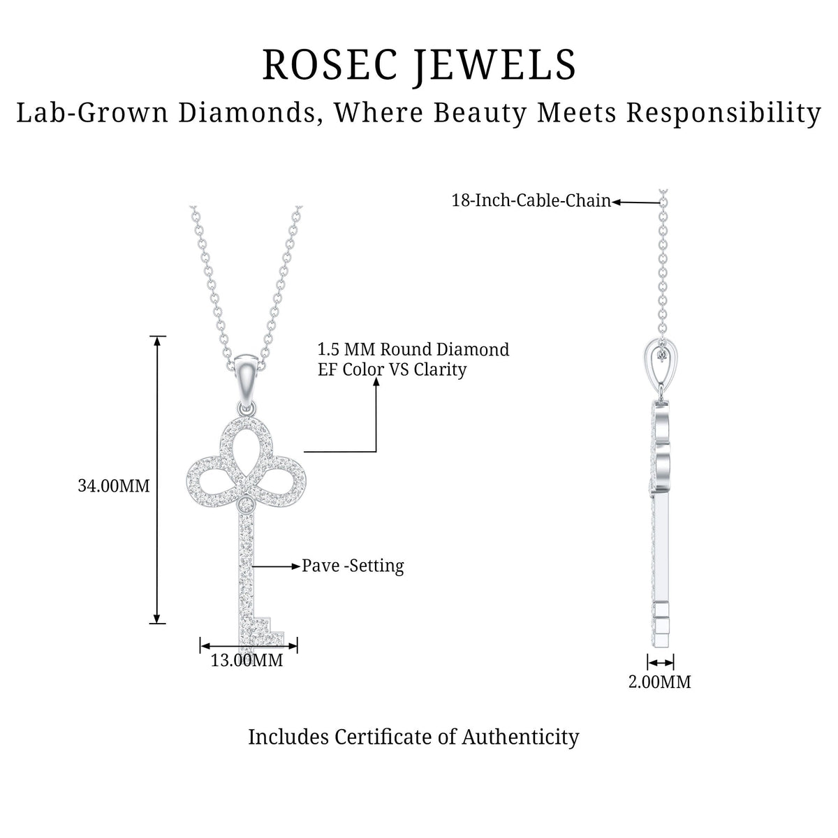 Lab Created Diamond Necklace – Delicate Key Pendant With Sparkling Pave Setting