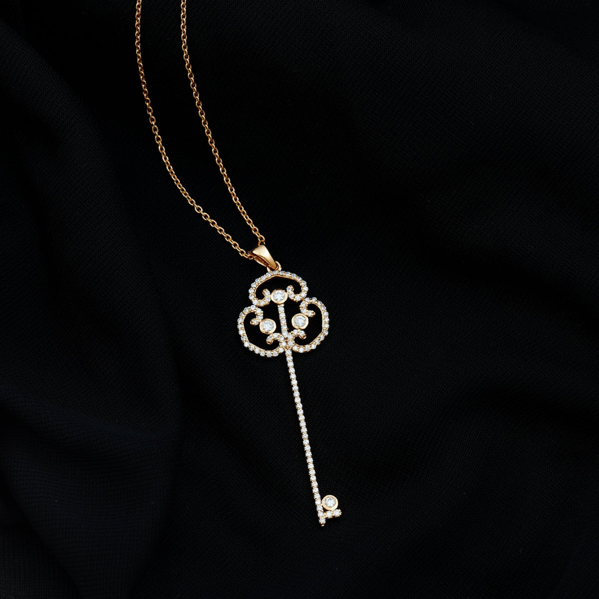 Lab Created Diamond Necklace – Vintage Style Key Pendant Charm with Round Cut Diamonds