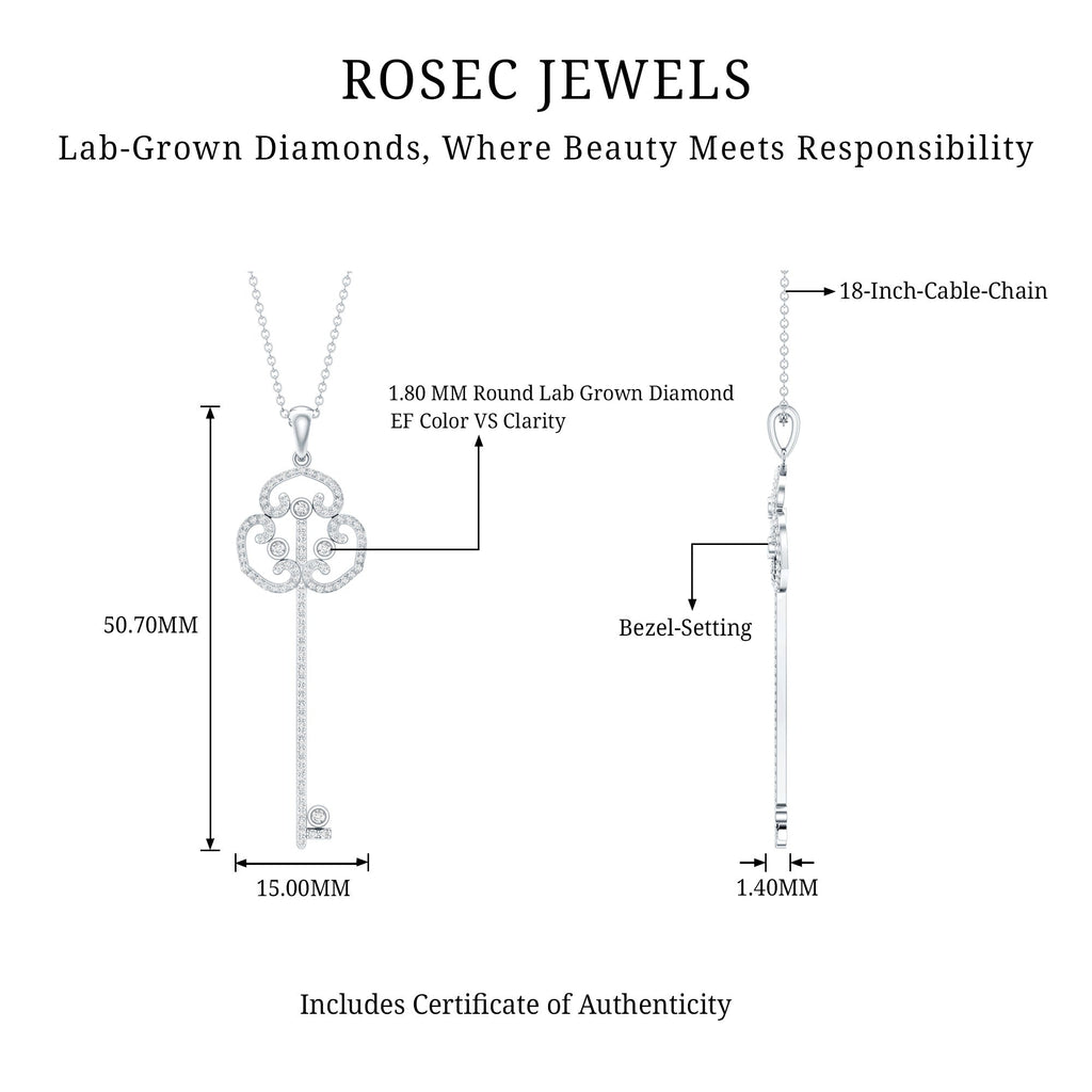 Lab Created Diamond Necklace – Vintage Style Key Pendant Charm with Round Cut Diamonds