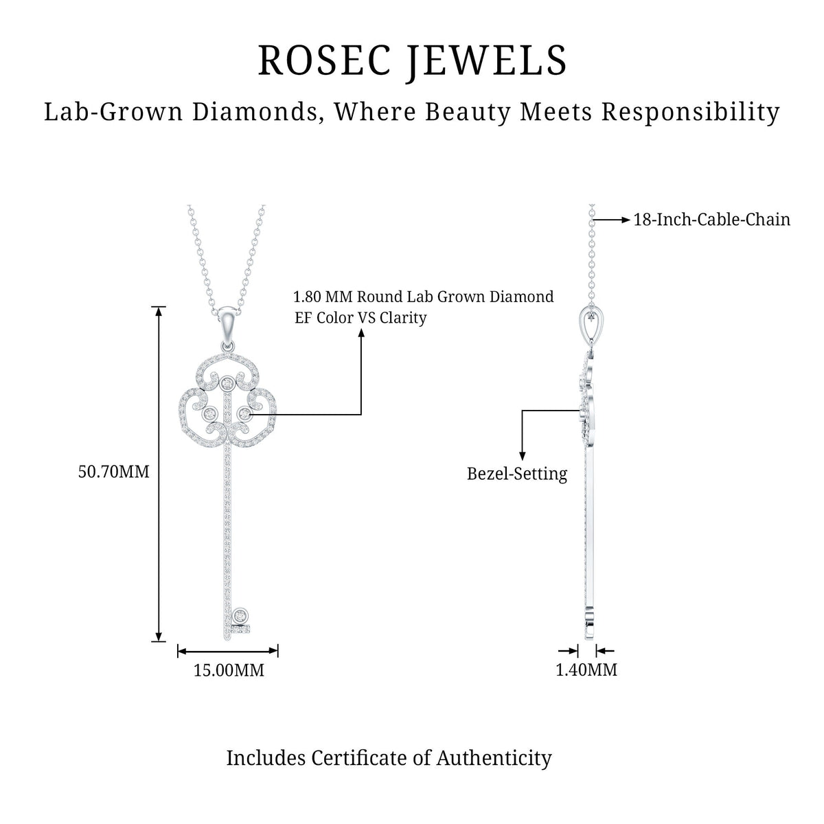 Lab Created Diamond Necklace – Vintage Style Key Pendant Charm with Round Cut Diamonds