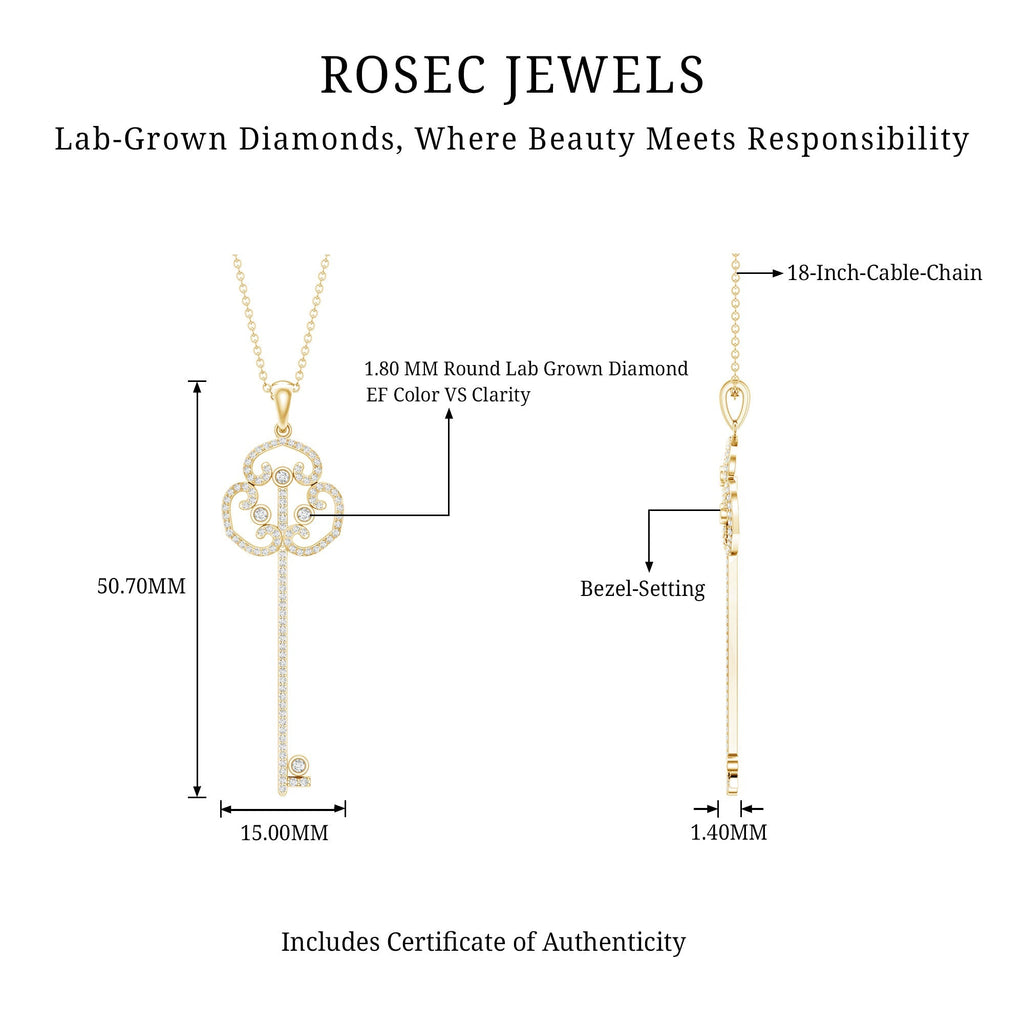 Lab Created Diamond Necklace – Vintage Style Key Pendant Charm with Round Cut Diamonds