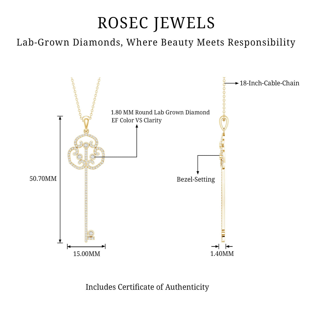 Lab Created Diamond Necklace – Vintage Style Key Pendant Charm with Round Cut Diamonds