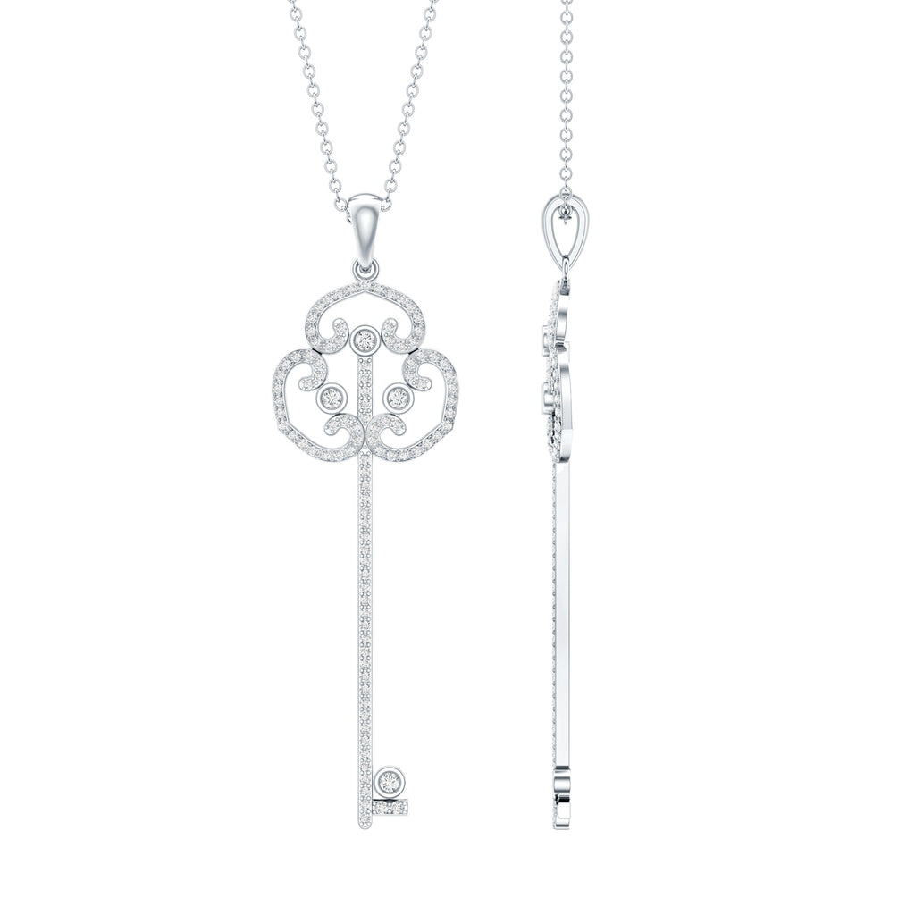 Lab Created Diamond Necklace – Vintage Style Key Pendant Charm with Round Cut Diamonds