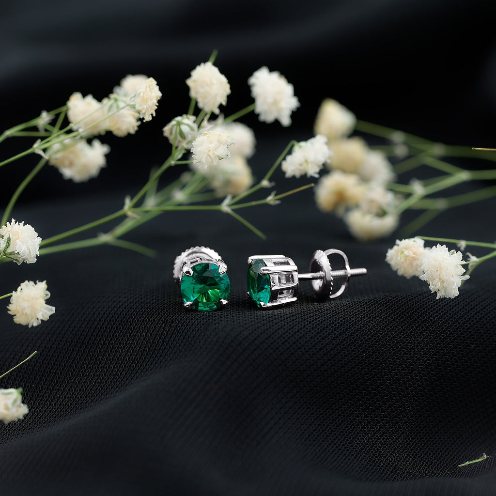 Lab Created Emerald Earrings – 1.6 Carat Round Solitaire Studs with Claw Setting