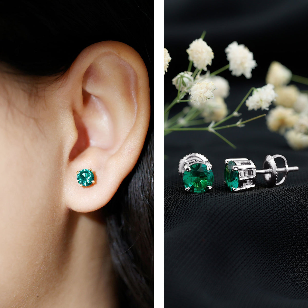 Lab Created Emerald Earrings – 1.6 Carat Round Solitaire Studs with Claw Setting