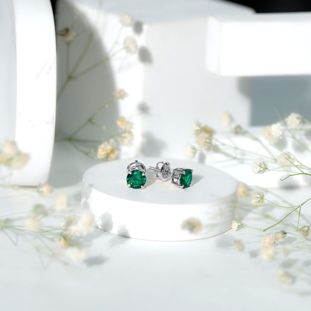 Lab Created Emerald Earrings – 1.6 Carat Round Solitaire Studs with Claw Setting
