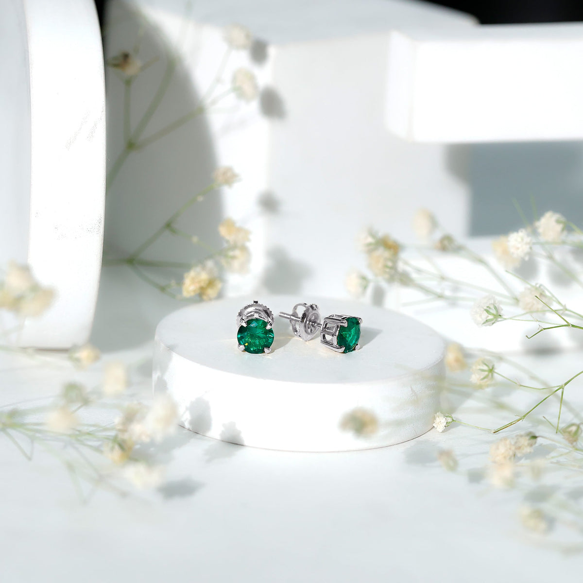 Lab Created Emerald Earrings – 1.6 Carat Round Solitaire Studs with Claw Setting