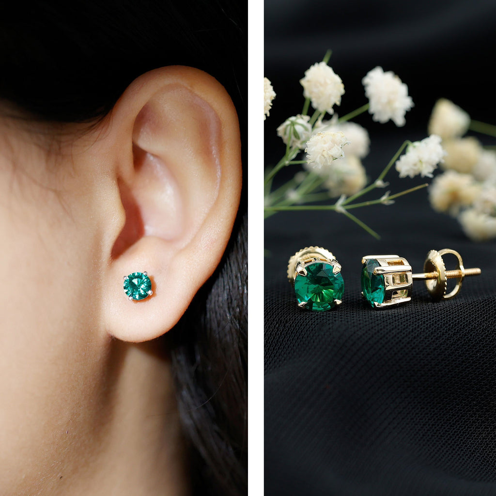 Lab Created Emerald Earrings – 1.6 Carat Round Solitaire Studs with Claw Setting
