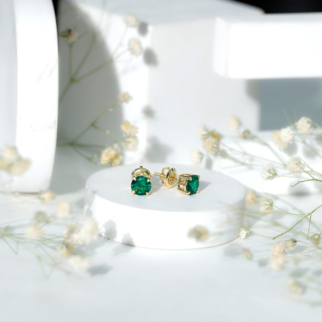 Lab Created Emerald Earrings – 1.6 Carat Round Solitaire Studs with Claw Setting