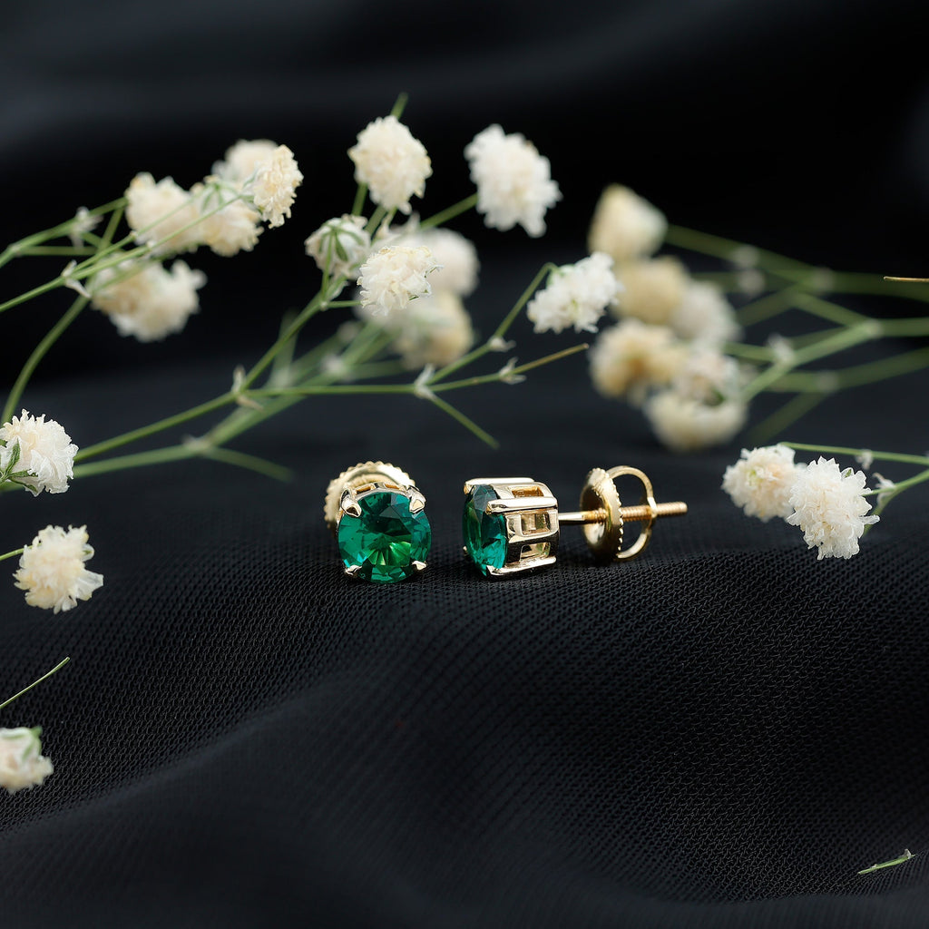 Lab Created Emerald Earrings – 1.6 Carat Round Solitaire Studs with Claw Setting