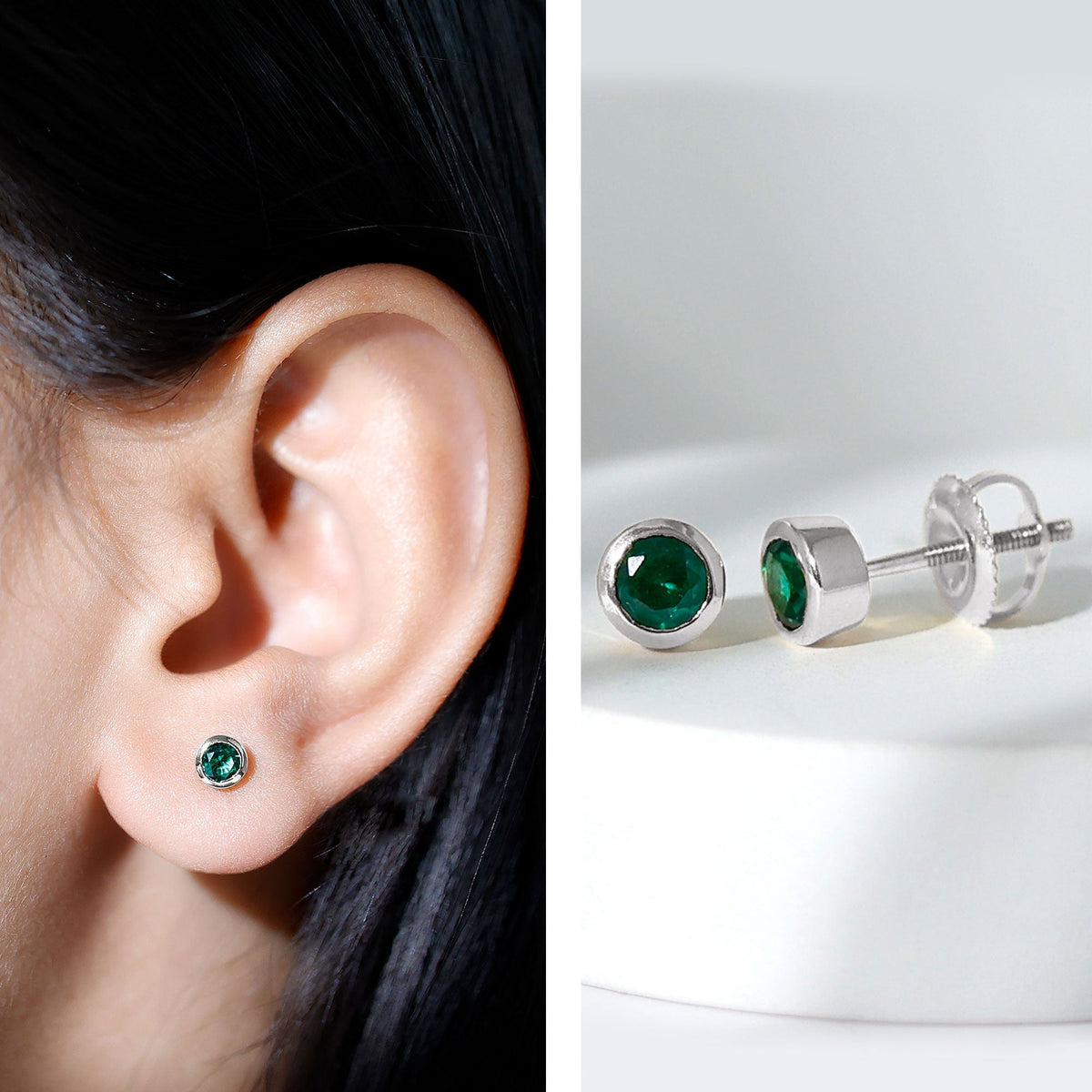 Lab Created Emerald Earrings - 4mm Bezel Setting Solitaire Studs for Everyday Wear