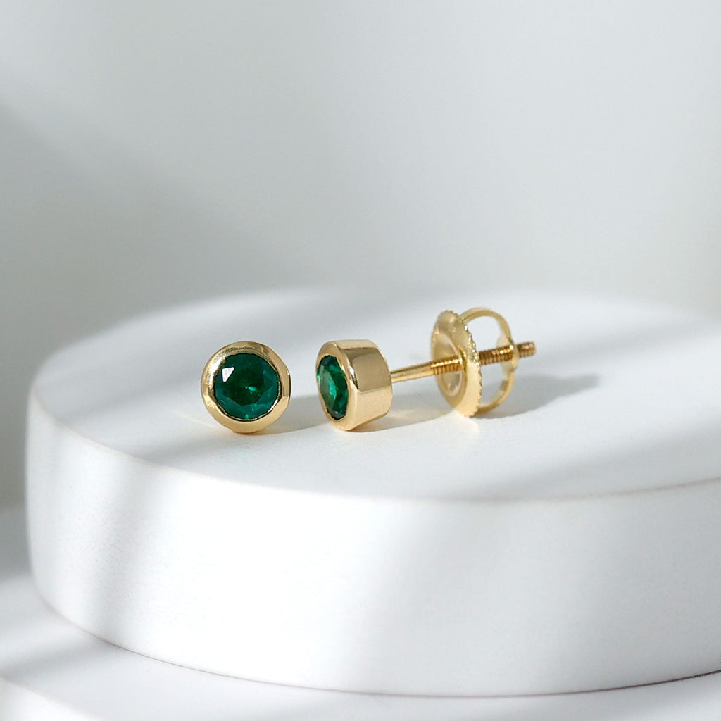 Lab Created Emerald Earrings - 4mm Bezel Setting Solitaire Studs for Everyday Wear