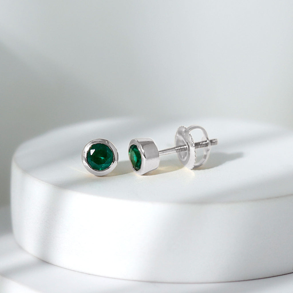 Lab Created Emerald Earrings - 4mm Bezel Setting Solitaire Studs for Everyday Wear