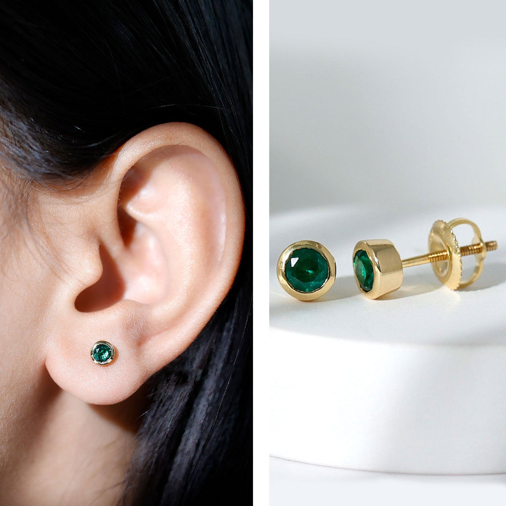 Lab Created Emerald Earrings - 4mm Bezel Setting Solitaire Studs for Everyday Wear