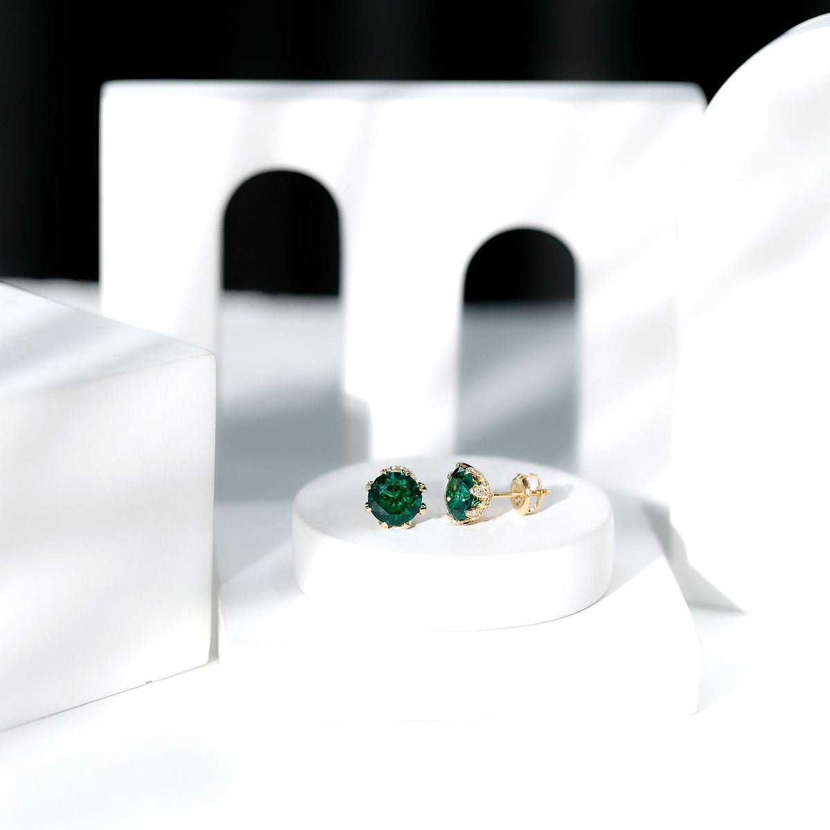 Lab Created Emerald Earrings – Certified Round Cut Floral Studs with Moissanite
