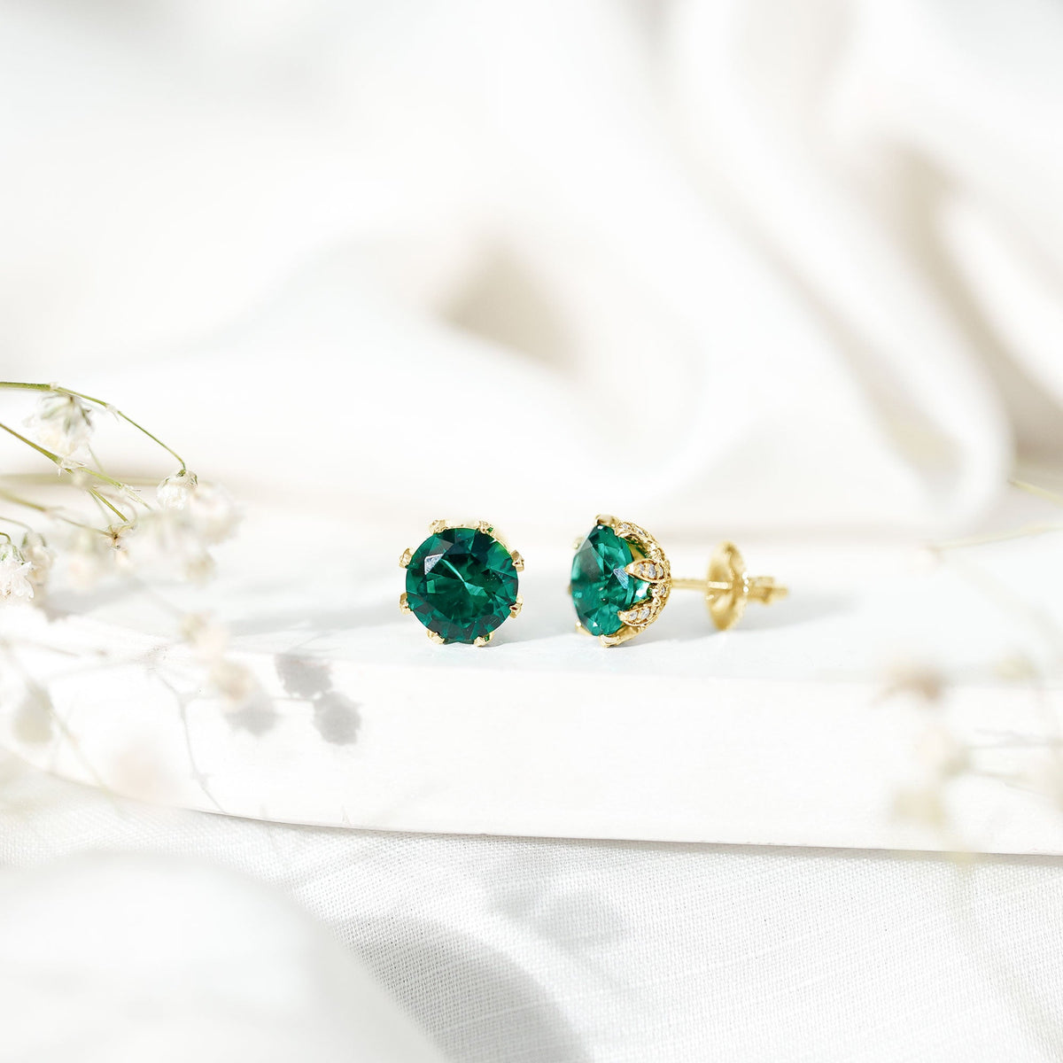 Lab Created Emerald Earrings – Certified Round Cut Floral Studs with Moissanite