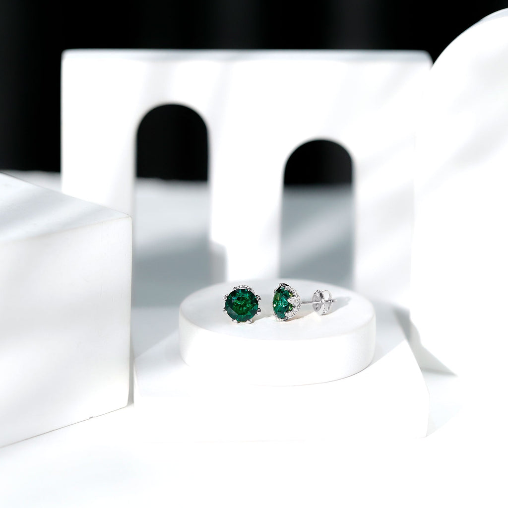 Lab Created Emerald Earrings – Certified Round Cut Floral Studs with Moissanite