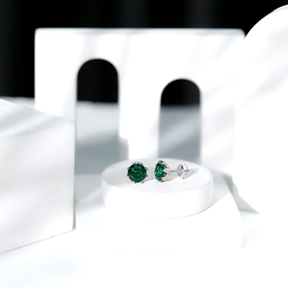 Lab Created Emerald Earrings – Certified Round Cut Floral Studs with Moissanite